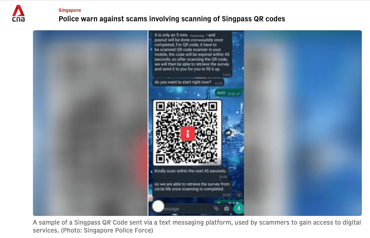 Phishing threat: Fake Singpass QR codes sent via messaging platforms to steal user credentials (CNA, 2024)